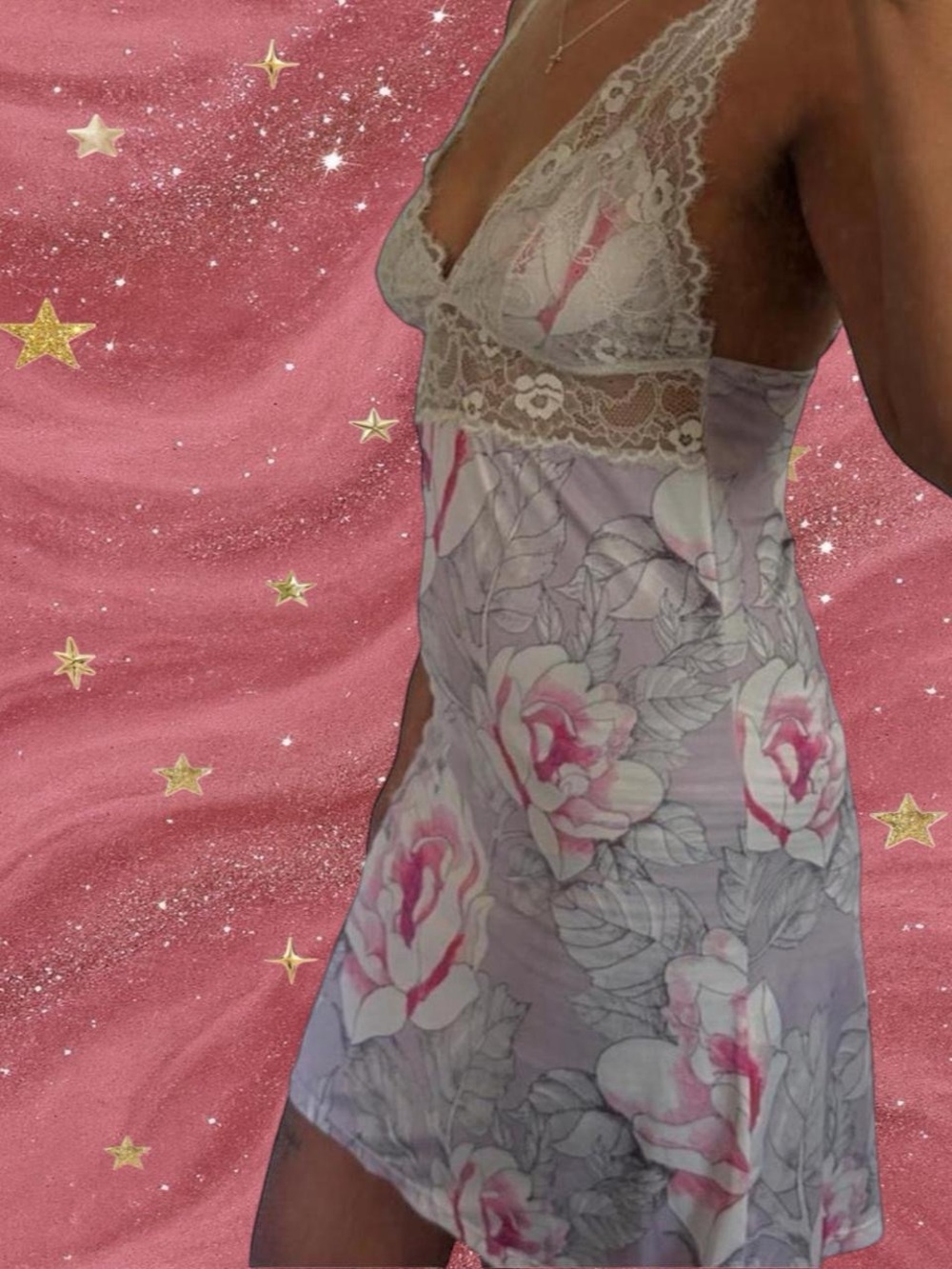Floral Lace-Trim Chemise in Lavender and Pink